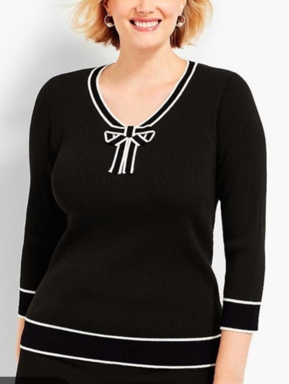 TALBOTS Black Rib-Knit 3/4 Sleeve Pullover Sweater Top w/White Trim & Bow Sz M